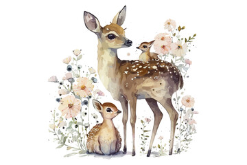 Safari Animal set deer with a fawn with an owlet in flowers in watercolor style. Isolated . Generative AI