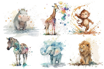 Safari Animal set zebra, lion, elephant, giraffe, hippopotamus, monkey in watercolor style. Isolated . Generative AI