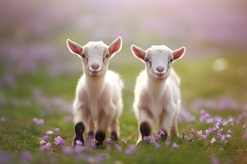 Naklejka na ściany i meble two young goats standing amidst a field of vibrant purple flowers. Generative AI