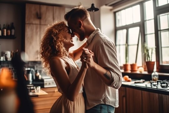 Life moments. Happy loving young couple dancing romantic dance on date in modern kitchen, smiling husband and wife celebrating anniversary. Generative Ai.