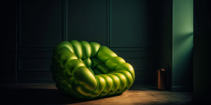 green futuristic unique modern art inflatable armchair in a a minimalistic living room, created with generative ai