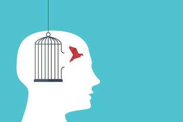 Flying bird and cage. Freedom. Free your mind concept. Emotion of freedom and happiness. Minimalist style.