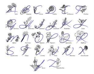 ABC with flowers. Alphabet A-Z. Images of plants. Minimalism. Beautiful letters. Line drawing. logo design initial A-Z combine with flowers.