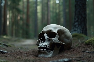 human skull lying in the midst of a dense forest. Generative AI