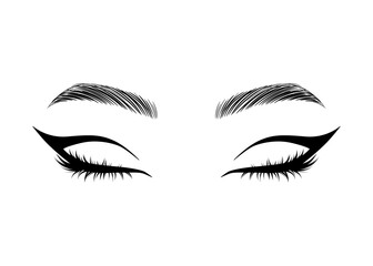 Vector Hand drawn beautiful female eyes with long black eyelashes and brows close up. - 597728654