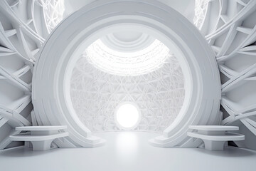 Beautiful abstract architecture background. 3D white intricate room. Modern Geometric Wallpaper. Futuristic Design. Textured background for presentation. AI generated.
