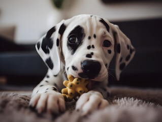 A Dalmatian puppy is a young dog of the Dalmatian breed, which is known for its distinctive white coat with black or liver spots. Dalmatians are medium-sized dogs that are athletic, active