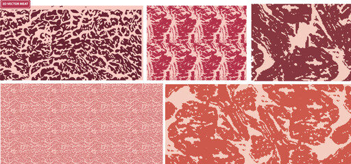 Vector  set of meat background various colors and types or pattern collection. Beef, pork and lamb meat textures Vector illustration