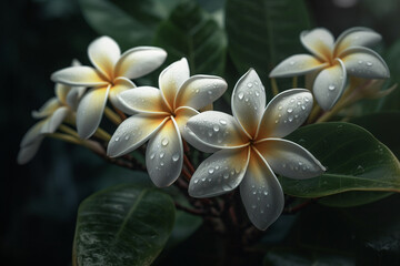 Frangipani or Plumeria flowers with leaves on a gray background, 3D rendering
