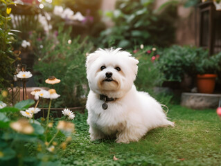 The Maltese is a small breed of dog that originated in the Mediterranean island of Malta. They have a silky white coat, a black nose and eyes, and long, floppy ears.