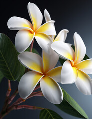 Frangipani or Plumeria flowers with leaves on a gray background, 3D rendering