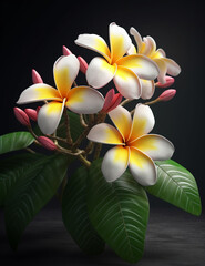 Frangipani or Plumeria flowers with leaves on a gray background, 3D rendering