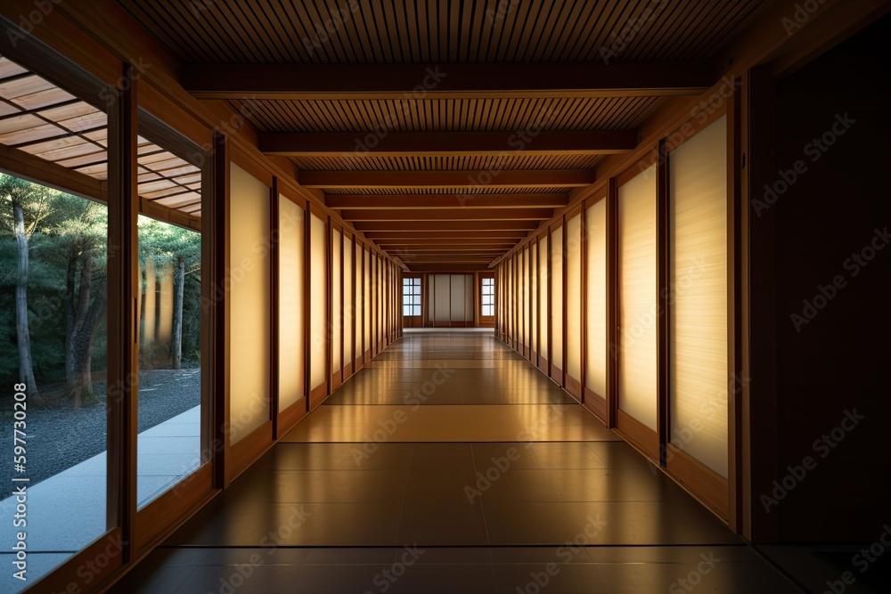 Poster bright and airy hallway with abundant natural light filtering through large windows. generative ai