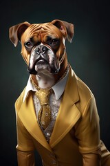 Un chien renard super luxe boxeur vêtu d'un magnifique costume doré sur mesure.