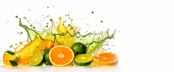 Fototapeta na wymiar Fruit splashes isolated on white background. Orange, lime, lemon and water splash. Generative AI