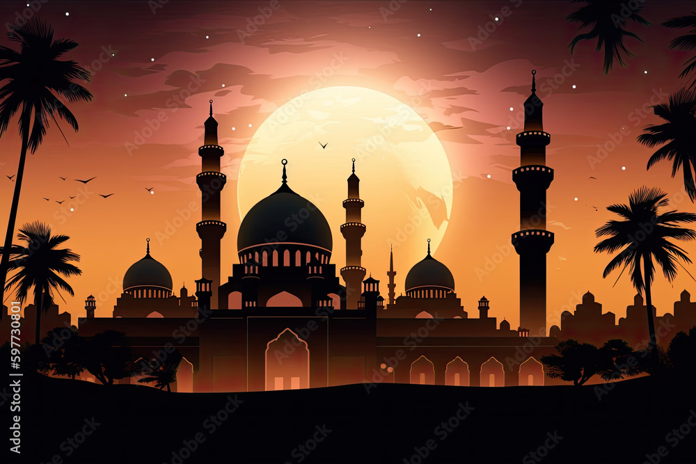 Wall mural illustration of mosque, ramadan, eid al-fitr, eid al-adha