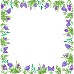 Fototapeta na wymiar Abstract flowers boarder frame. Hand drawn watercolor hyacinth isolated on white background. Can be used for cards, label, banner.