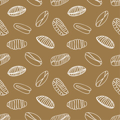 Italian pasta on brown background. Seamless pattern. Different types of Italian pasta.  Modern prints for menu design, cookbooks, fabric, etc.