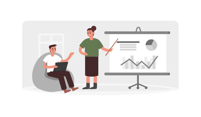 Cartoon characters of man and woman discussing new project