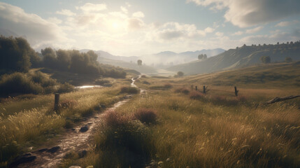 Mountain landscape at sunset, Generative AI