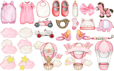 Watercolor hand drawn baby elements bundle