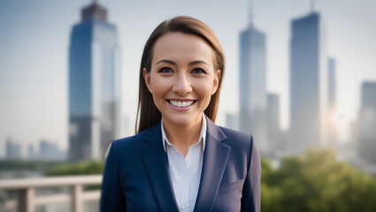 Portrait of businesswoman in suit with brown hair. Blurred city background with mockup. Generative AI.