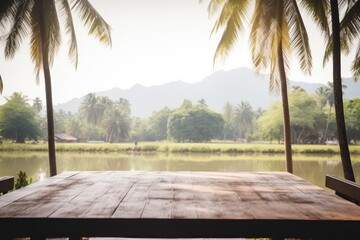 serene wooden table overlooking a tranquil lake. Generative AI