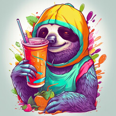 A sloth with a drink in his hand. AI generative.