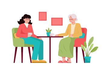 Cartoon characters of granddaughter talking with her grandmother at home