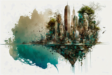 Obraz premium Stunning Generative AI illustration of intricately detailed sci-fi hand drawn style design of futuristic high rise city skyline combined with human and animal natural world