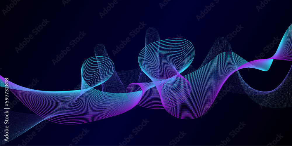 Fototapete Vector wave lines smooth flowing dynamic blue gradient light isolated on black background for concept of technology, digital, communication, science, music, AI