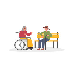 Obraz na płótnie Canvas Cartoon characters of senior man and woman in wheelchair talking in park