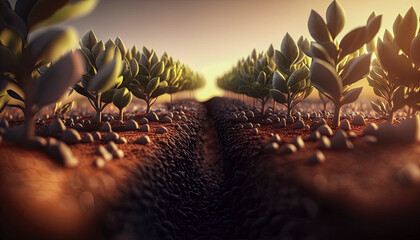 Fototapeta premium Generative AI illustration of new growth seeds growing in field on farm environmental concept iamge