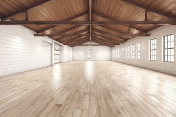 an empty room with natural wooden floors and large windows. Generative AI
