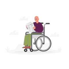 Cartoon character of elderly man in wheelchair reading newspaper