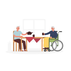 Cartoon characters of senior man and woman in wheelchair drinking tea together