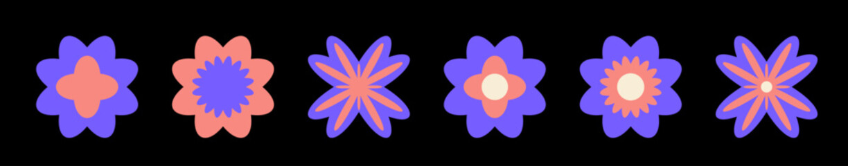 Flowers, stars set. Y2k aesthetic, Retro Psychedelic, Groovy, hippie, 70s backgrounds