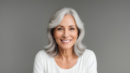 Smiling women with grey hair. Natural background with mockup. Generative AI.