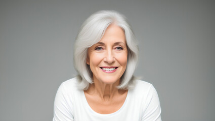 Happy female with silver hair posing on natural background with mockup. Generative AI.
