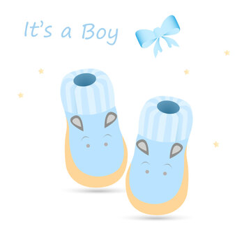 Vector illustration of  Kids Shoes .Baby Shower Greeting Card. blue Baby Shoes or boots. It`s a boy.