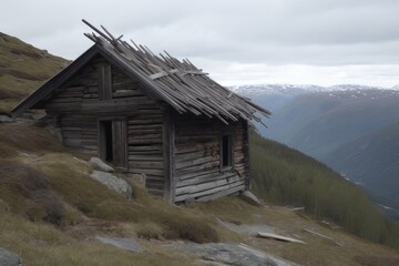an isolated log cabin on a mountainous landscape. Generative AI