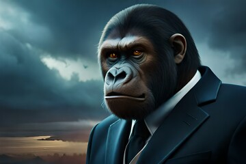 Gorilla, chimp monkey dressed in a business mans. Portrait monkey on a dark background, Generative AI