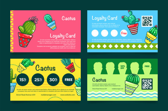 Cactus loyalty card outline design discount coupon for collect sticker getting free set vector