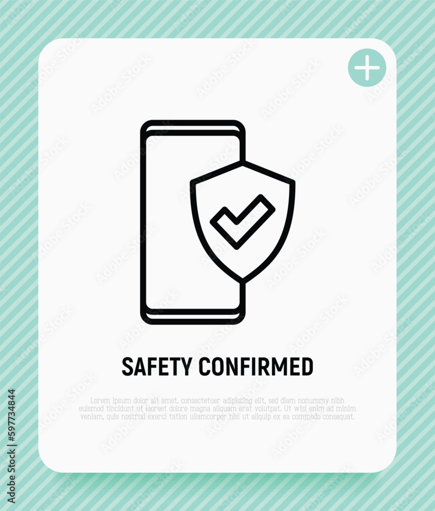 Poster safety confirmed: smartphone is protected by shield with check mark. thin line icon. modern vector i