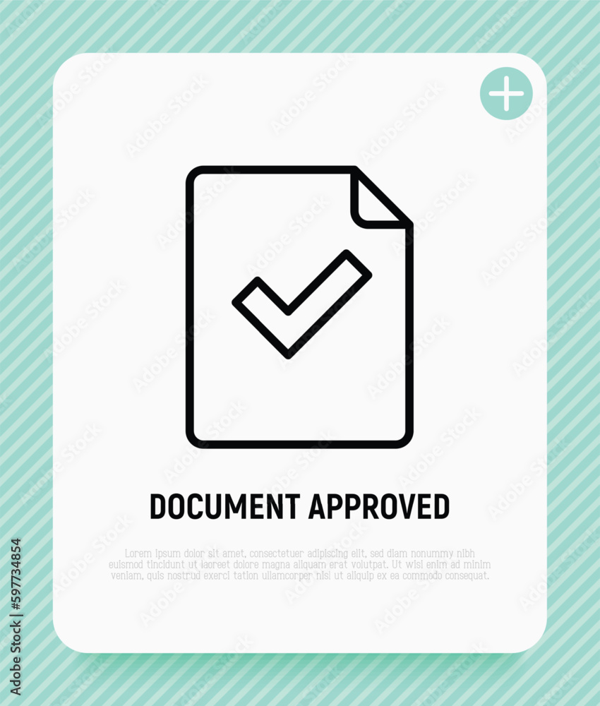 Poster document approved thin line icon: paper sheet with check mark. modern vector illustration.