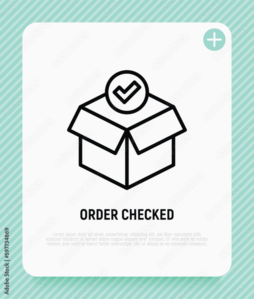 Poster order checked: open package with check mark. thin line icon. modern vector illustration for delivery