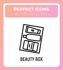 Beauty box thin line icon: cream, soap, spray. Cosmetic giftbox. Modern vector illustration.