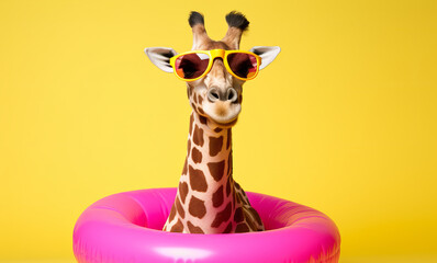 Naklejki  A giraffe ready for a summer vacation with sunglasses and an inflatable rubber ring. Generative ai