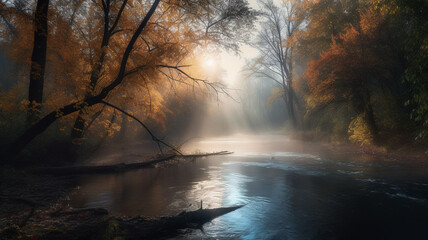 Landscape of a river winding through a forest in the early morning light, with mist rising off the water and trees. generative ai.
