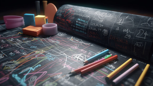 A close-up of a chalkboard with mathematical equations and formulas written in white chalk. The board is surrounded by colorful stationery. generative ai.